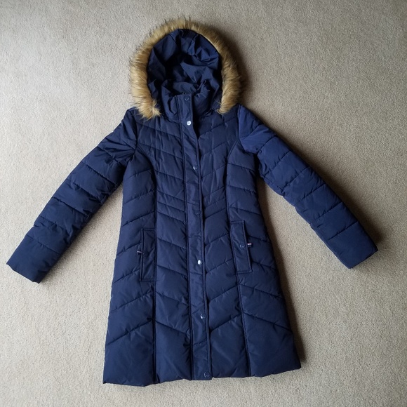 tommy hilfiger chevron quilted puffer coat